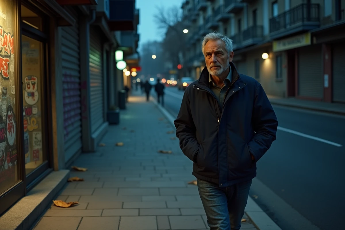 Homme d'âge moyen marchant dans une rue nocturne calme