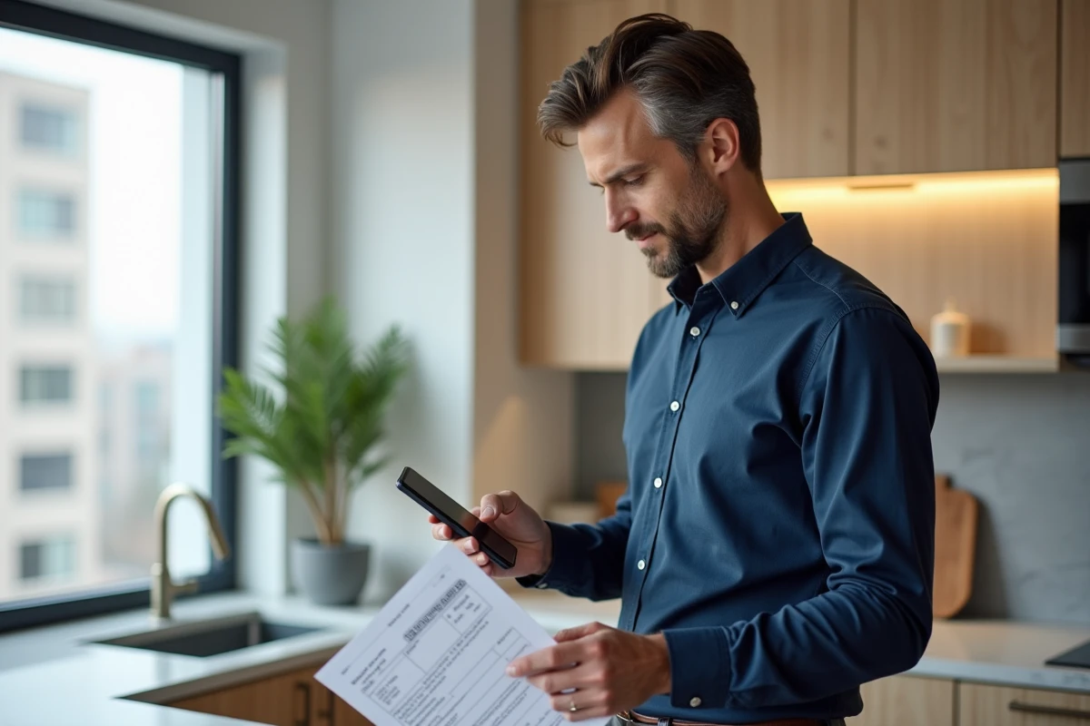 Homme consultant l'application MyFoncia sur smartphone pour accéder à ses documents de copropriété dans sa cuisine