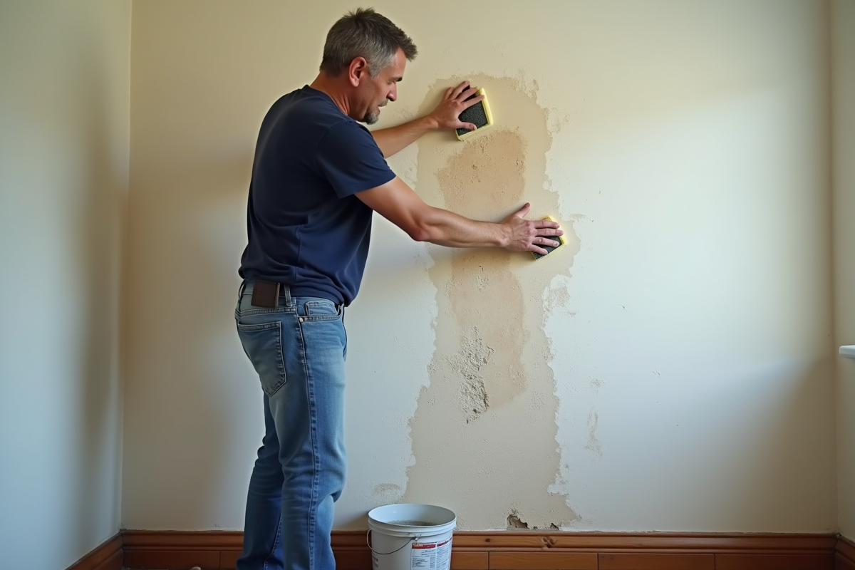 Homme nettoyant un mur en plâtre taché dans un appartement