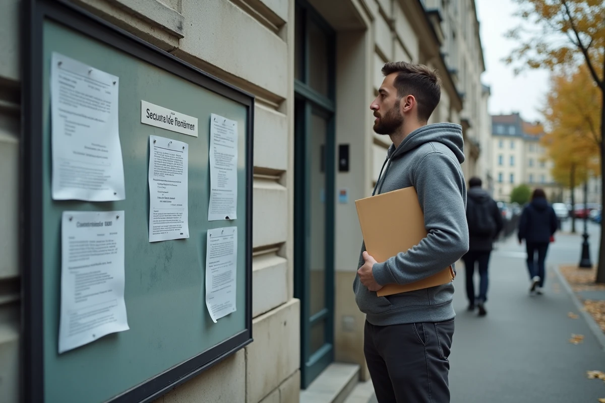 Homme debout devant un panneau d'affichage de logements sociaux avec un dossier sous le bras en milieu urbain