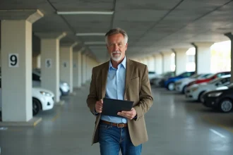 Homme d affaires dans un parking moderne avec voitures