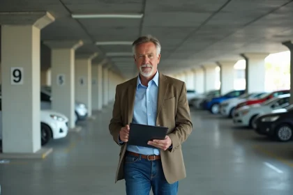 Homme d affaires dans un parking moderne avec voitures