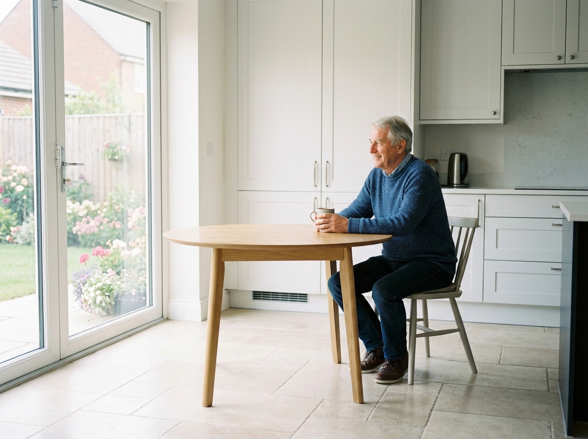 Homme &acirc;g&eacute; profitant de son caf&eacute; dans une cuisine lumineuse