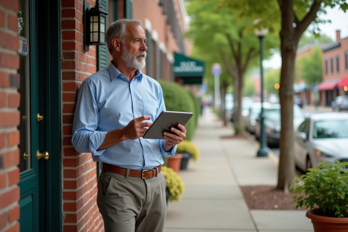 Homme regardant la rue tranquille depuis le porche de la maison