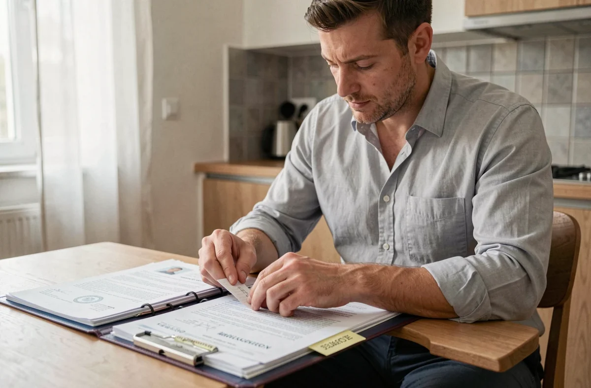Homme préparant ses documents administratifs pour un rendez-vous chez le notaire depuis son domicile