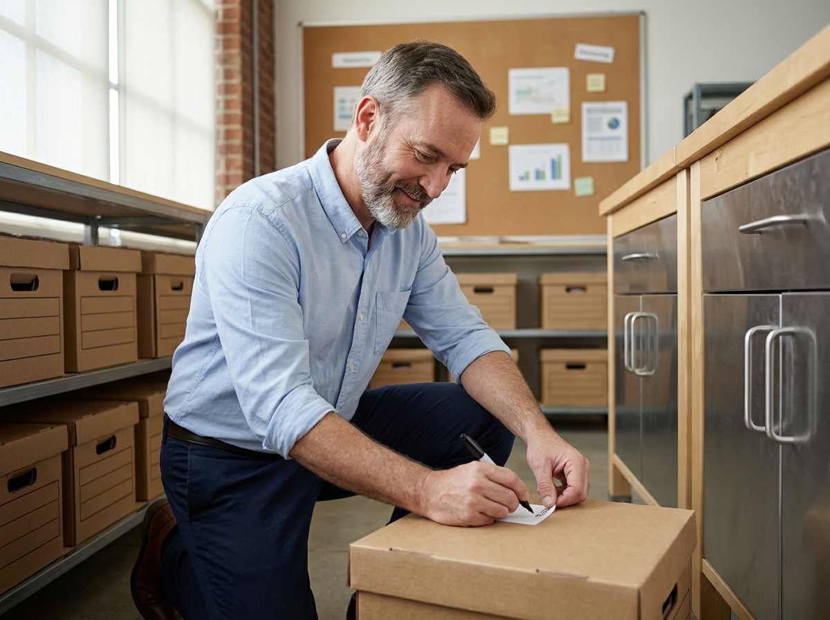 Homme étiquetant des boîtes de rangement dans un espace de travail