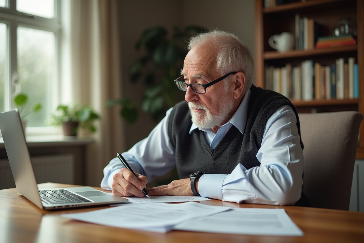 Homme âgé remplissant un formulaire à la maison