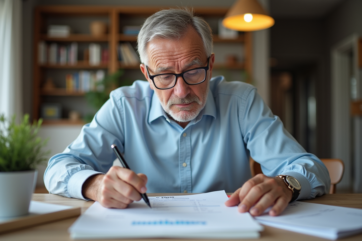 Homme d age révisant ses documents fiscaux à la maison