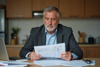 Homme d'âge moyen examine documents d'impôts dans sa cuisine