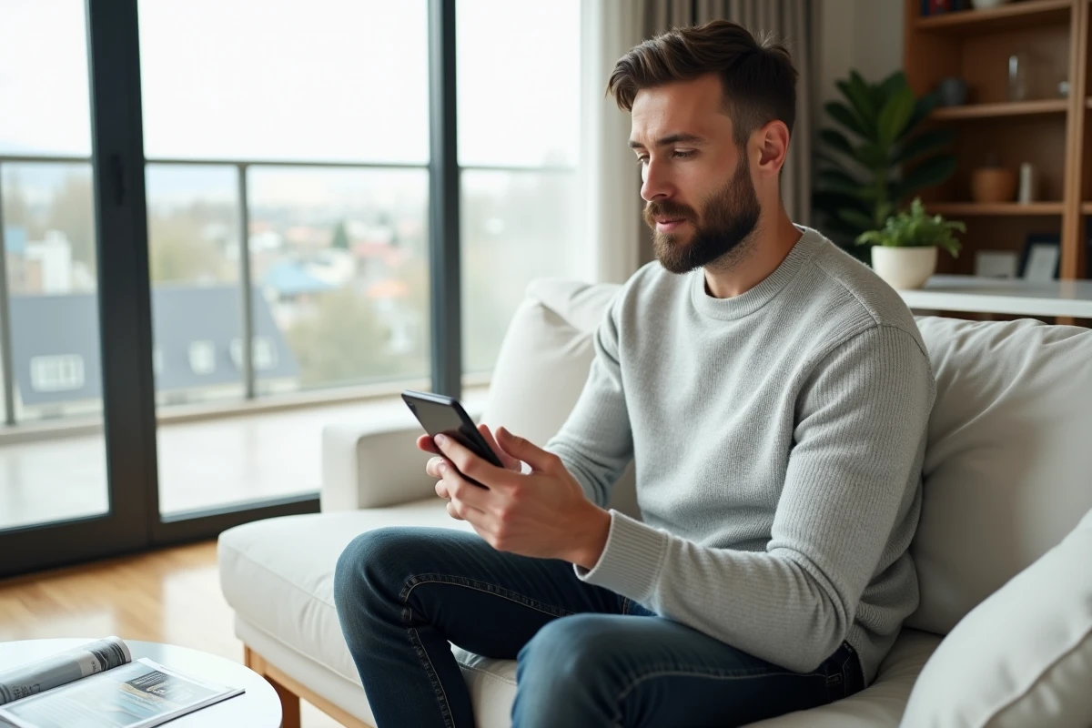 Homme utilisant un simulateur de frais de notaire sur smartphone dans un appartement moderne pour optimiser son achat immobilier