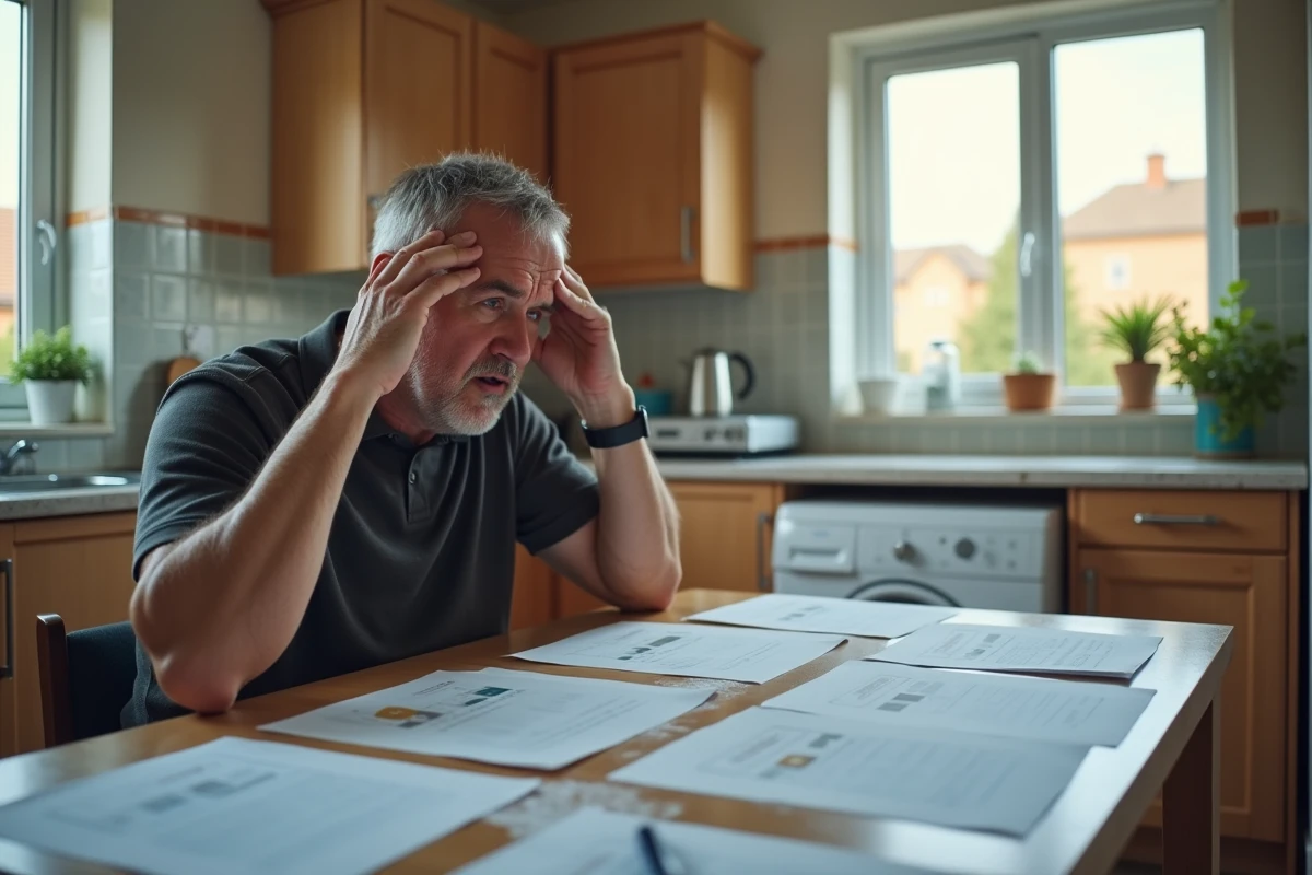 Homme stress&eacute; avec papiers dans une cuisine familiale