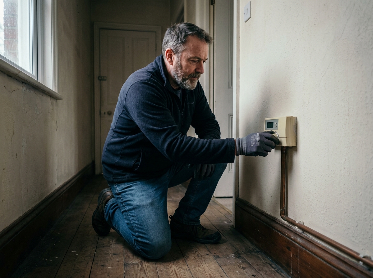 Homme réglant un thermostat mural dans un couloir d'appartement ancien lors d'un audit énergétique