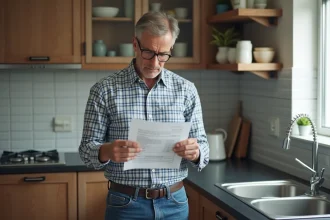 Homme regardant une facture d'eau avec inquiétude dans la cuisine
