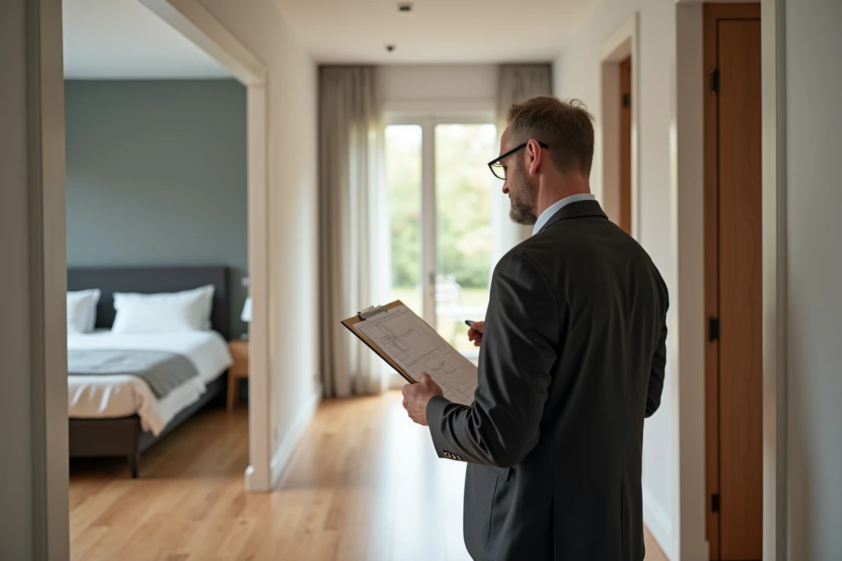 Homme d affaires inspectant un plan dans un couloir moderne