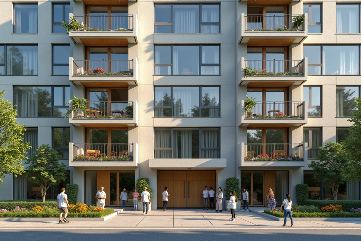 Immeuble moderne avec résidents actifs en extérieur en plein jour
