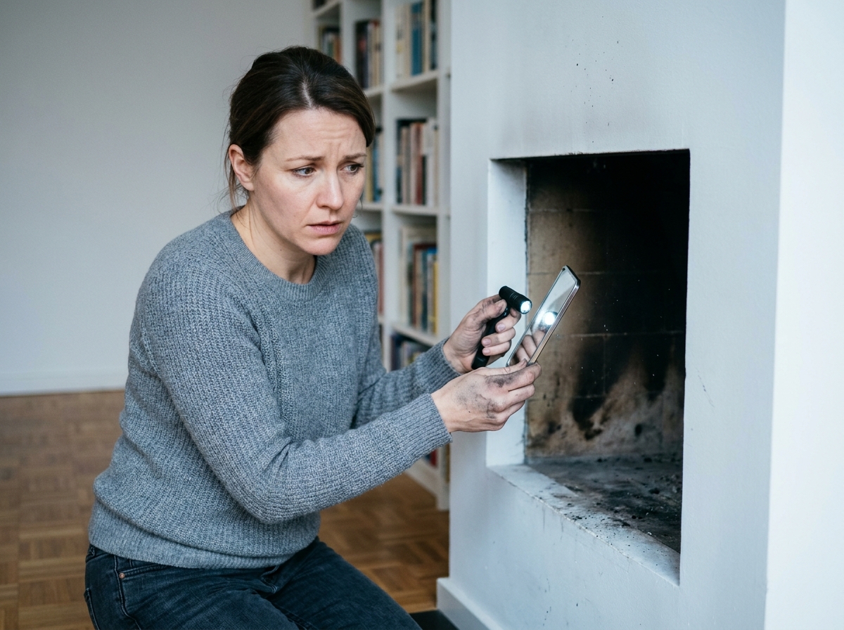 Femme inspectant l'intérieur d'un conduit de cheminée dans un appartement moderne pour détecter un encrassement