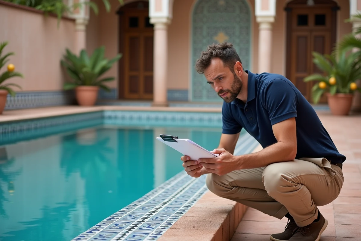 Inspecteur immobilier vérifiant l'état technique de la piscine d'une villa à vendre à Marrakech avant la signature du compromis
