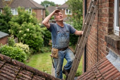 Homme en overalls inspectant un toit en brique