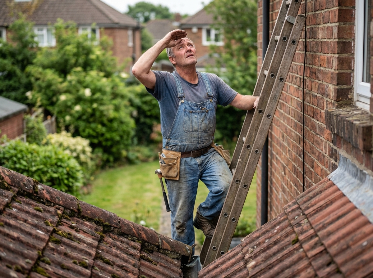 Homme en overalls inspectant un toit en brique