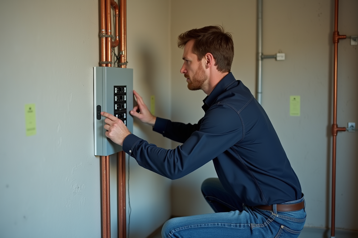 Homme moyen âge installe un disjoncteur moderne dans une pièce