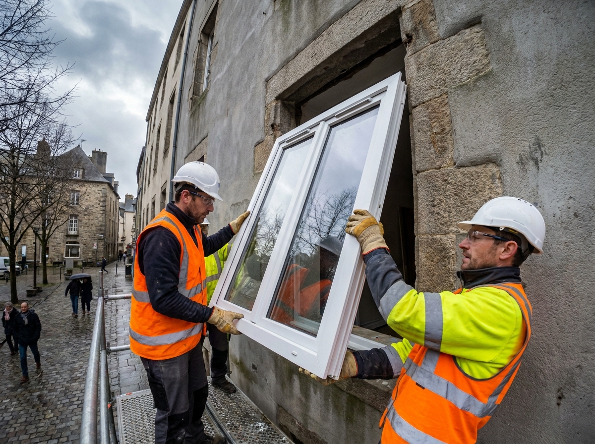 Installation d'une fenêtre double vitrage PVC par deux menuisiers sur une façade de maison rennaise