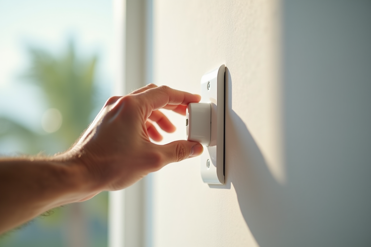 Main installant un interrupteur intelligent sur un mur blanc