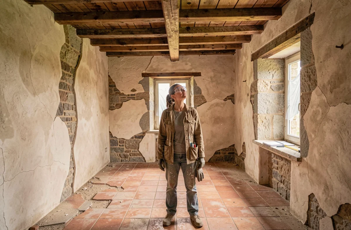 Femme inspectant l'intérieur délabré d'une maison de village abandonnée avec poutres apparentes et carrelage en terre cuite fissuré
