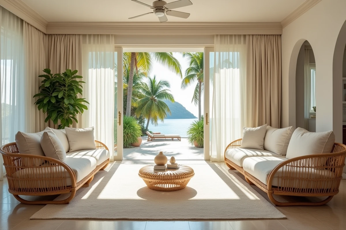 Intérieur élégant d'une villa de luxe à Saint-Barthélemy avec salon en rotin, sol en pierre de corail et portes ouvertes sur un jardin tropical