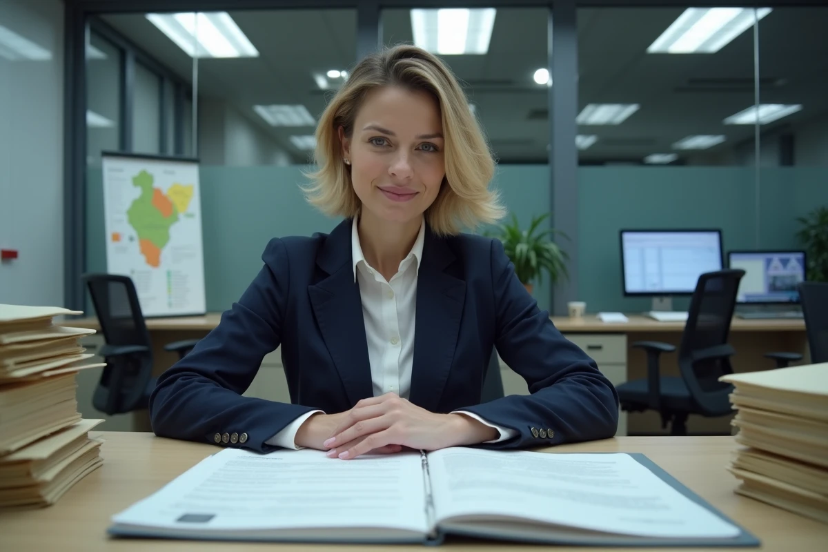 Une agent de la SAFER examinant un dossier de pr&eacute;emption fonci&egrave;re dans un bureau administratif officiel