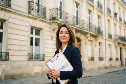 Investisseuse immobilière devant un immeuble haussmannien à Nantes pour un investissement locatif réussi