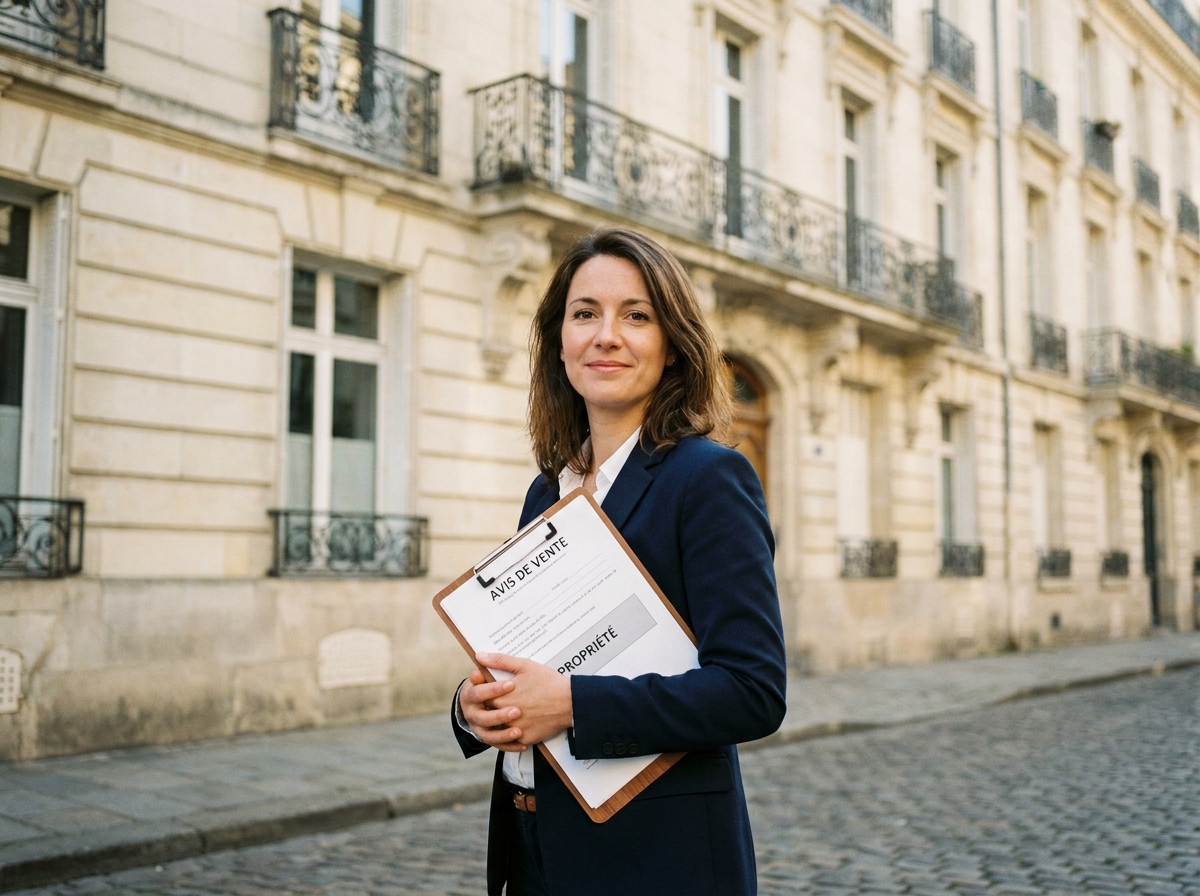 Investisseuse immobilière devant un immeuble haussmannien à Nantes pour un investissement locatif réussi