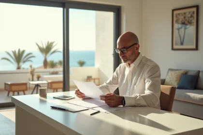 Investisseur immobilier consultant des documents d'achat d'appartement à Agadir avec vue sur l'océan Atlantique