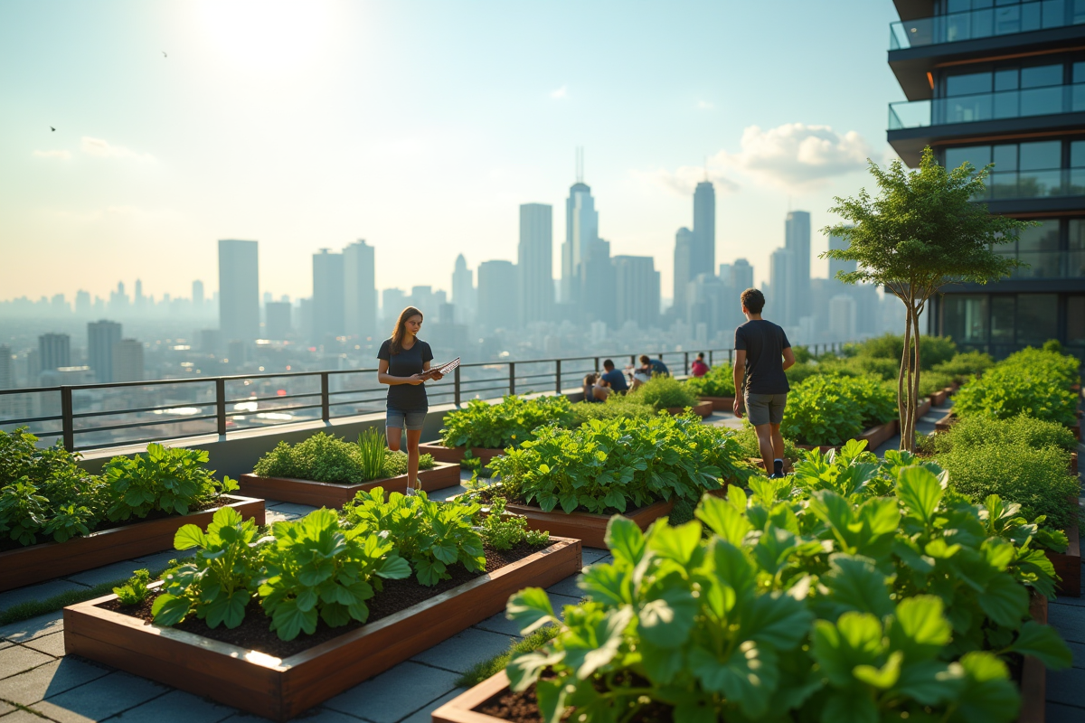 Jardin urbain sur un toit avec plantes et panneaux solaires en ville