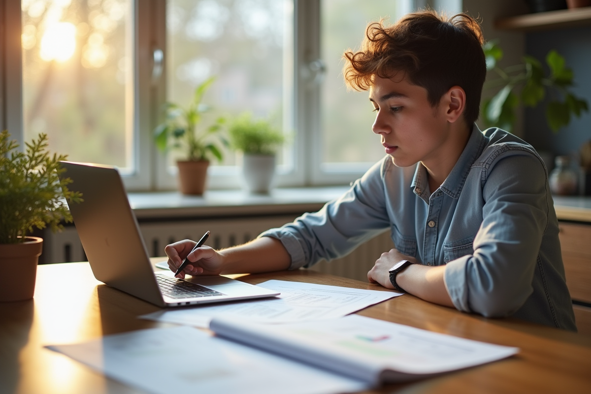 Jeune adulte examinant documents de logement dans un appartement lumineux