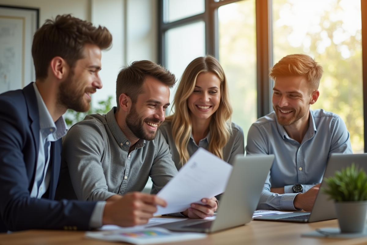 Jeune couple avec agent immobilier examinant documents financiers