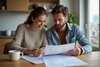 Jeune couple examinant des documents d'assurance à la cuisine