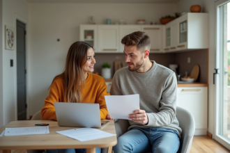 Jeune couple discutant de documents de location dans une cuisine lumineuse