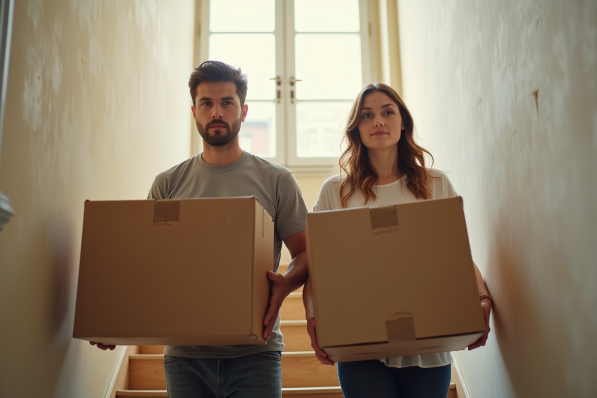 Jeune couple portant des cartons dans un escalier lumineux