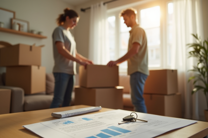 Jeune couple emballant des affaires dans leur salon avec des cartons