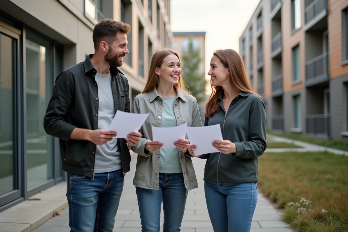 Jeune couple discutant avec une assistante sociale devant un immeuble