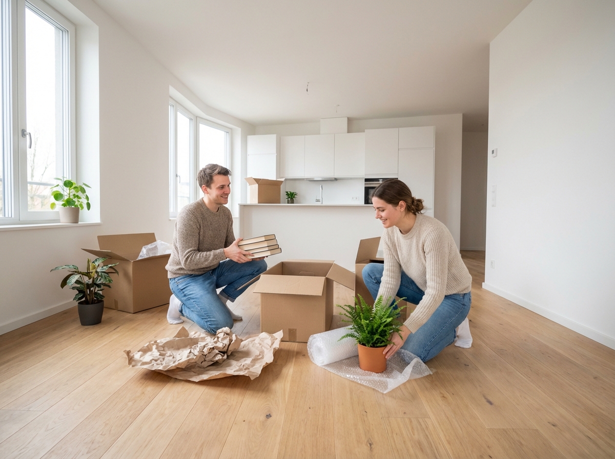 Jeune couple déballant des cartons dans un appartement moderne