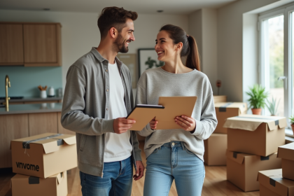 Jeune couple souriant dans leur nouveau salon avec cartons