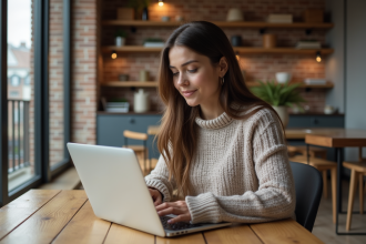 Jeune femme professionnelle regardant son ordinateur dans un appartement moderne