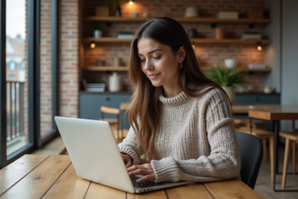Jeune femme professionnelle regardant son ordinateur dans un appartement moderne