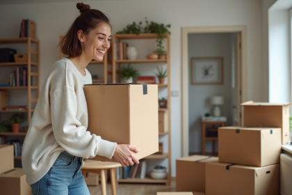 Jeune femme souriante pr&eacute;parant des cartons dans un salon lumineux
