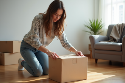 Jeune femme emballant une boxe dans un appartement lumineux