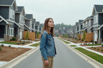Jeune femme devant maisons neuves en banlieue