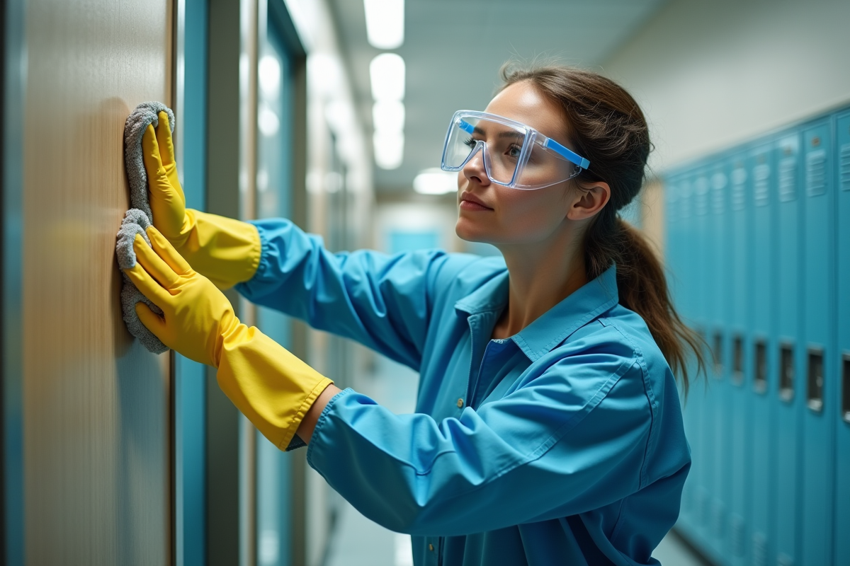 Jeune femme en protection nettoyant un cadre de porte dans un couloir scolaire