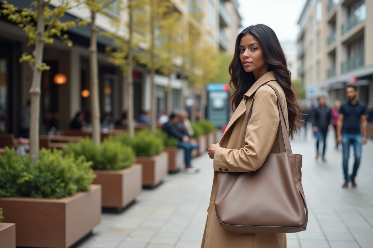 Jeune femme en trench dans un centre commercial &agrave; Cr&eacute;teil