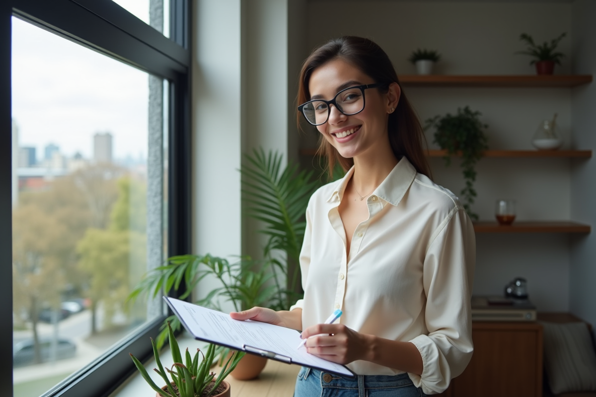 Jeune femme signant un contrat de prêt immobilier dans son appartement
